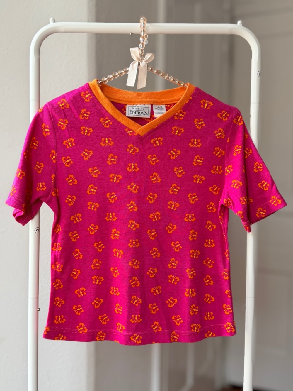 Basic Editions Pink Tee with Orange Floral Print